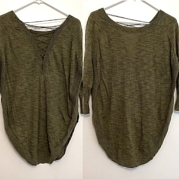 EXPRESS Lace Up Back Circle Hem Sweater Olive Green 3/4 Sleeve Lattice Cotton S - Picture 2 of 16